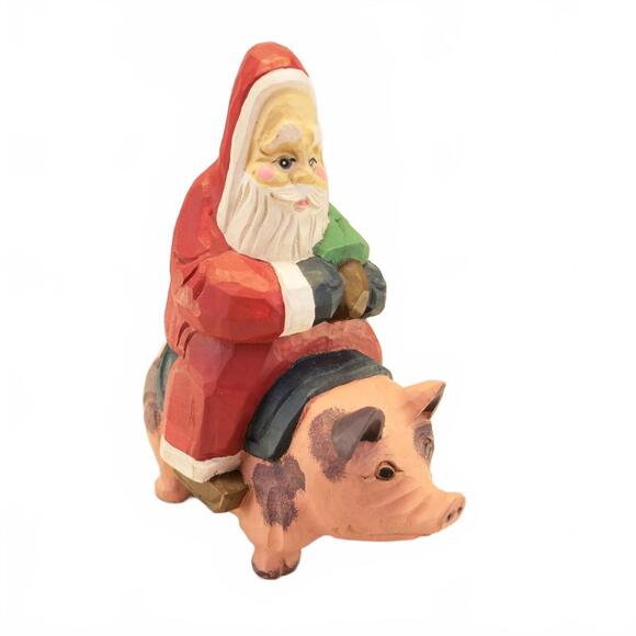 Vintage Wood 1993 Hand Carved Rustic Santa Riding Pig 5.75